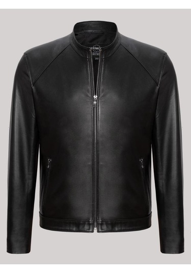 Hakiki Kuzu Derisi Siyah Erkek Deri Mont Kolları Fermuarlı Deri Ceket Siyah