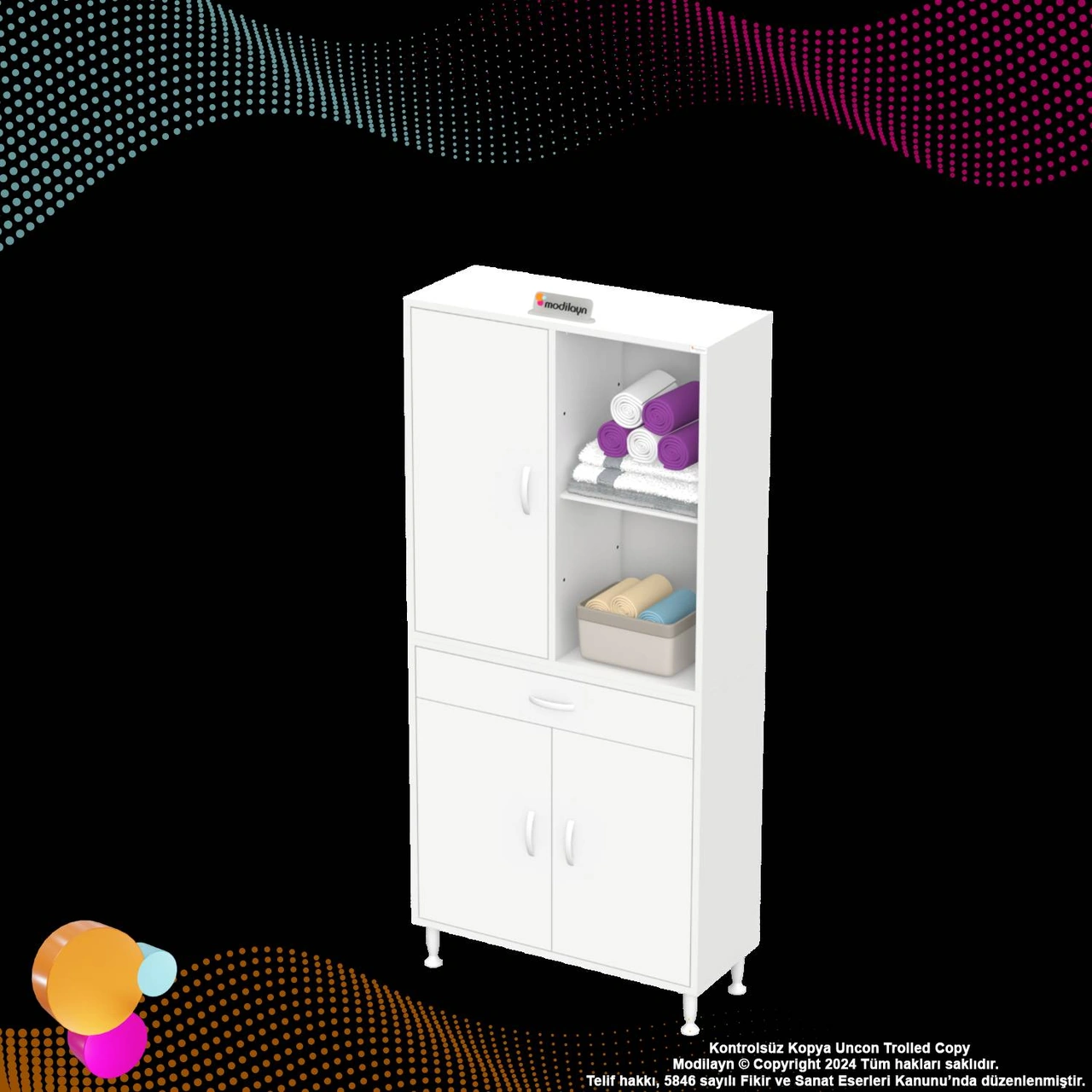 Kayra Banyo Ve Mutfak Dolabı Çok Amaçlı Dolap Tek Çekmece 3 Kapak 3 Raf 6 Bölme 80x173x32,5 Cm Beyaz