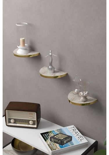 Duvar Rafı Dekoratif 3 Adet Çiçeklik Oval Altın Efes