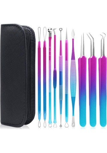 Hangfox 10'lu Paslanmaz Çelik Akne Ve Siyah Nokta Kaldırma Aracı Seti, Mavi-mor Renkli, Siyah Depolama Çantasıyla