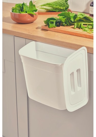 Flosoft Dolap İçi Kapaklı Asılabilir Çöp Kovası, Dolap Kapağı Askılı Çöp Kutusu Krem 7 Litre Krem