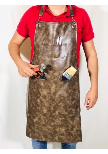 Kasap Önlüğü Deri Leke Tutmaz Askılı Önlük Model Şef Restoran Aşçı Önlükleri Kahve-krem