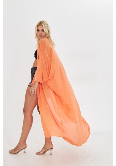 Kutaf Turuncu Uzun Yumusak Ipek Karısımlı Kimono / Beachwear Turuncu