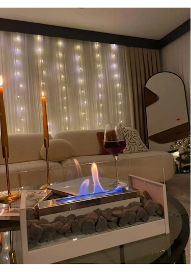 Masa Üstü Şömine Metal Beyaz - Taşlı Yakıt Hediyeli