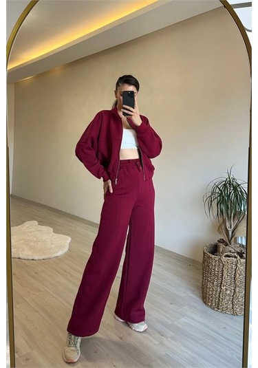 Neşeli Butik Kadın Fermuarlı Oversize Sweat Ve Yüksek Bel Eşofman Takımı Nm018 Bordo