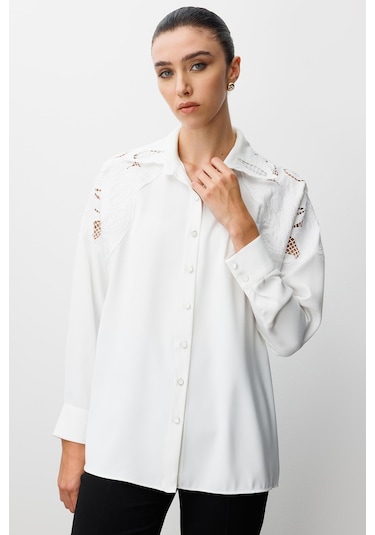 Moda İlgi Kadın Nakış Detaylı Oversize Gömlek 0095 Ekru Ekru