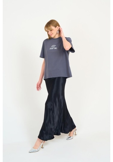 Düz Uzun Saten Etek - Siyah Siyah