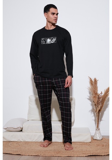 Buratti Ekoseli Pamuklu Regular Fit Yüksek Bel Bisiklet Yaka Erkek Pijama Takımı 6574000 Siyah