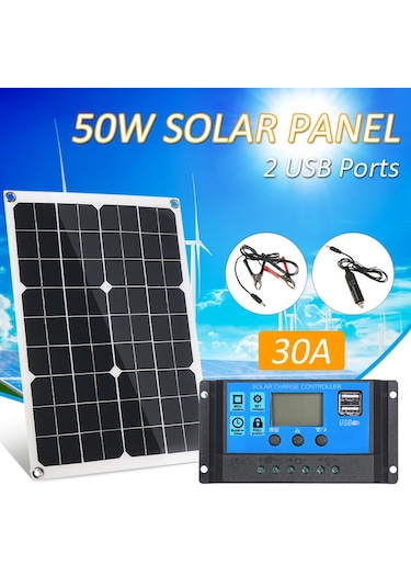Mufunye Güneş Şarj Paneli 50w Araç Şarj Cihazı Çift Usb Ip65 Su Geçirmez + Güneş Kontrol Cihazı Mavi 30a
