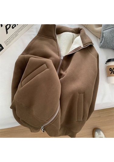 Snapbuy İçi Polarlı, Fermuarlı, Dik Yaka Kadın Sweatshirt Ceket Kahve