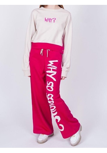 Kız Çocuk Why Yazılı Yanlardan Çıt Çıtlı Bol Paça Eşofman Takım-13538 Fuşya