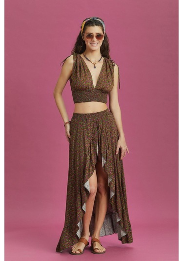 Derin Ön Yırtmaçlı Fırfırlı Çiçekli Çingene Etek 001