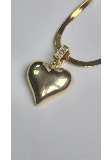Çelik Kolye İtalyan Zincirli Kalpli Kolye Sarı