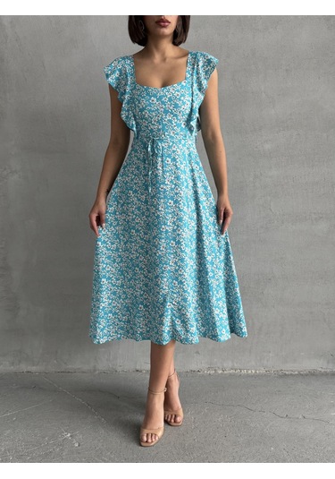Kadın Çiçek Desenli Fırfır Detaylı Yazlık Dokuma Elbise Turkuaz