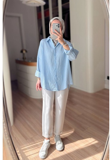 Kahijab Nakışlı Pul Detay Oversize Gömlek - Mavi