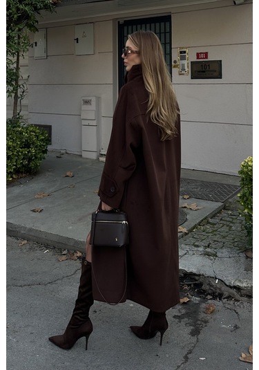 Kahverengi Vittoria Düğmeli Yaka Kaban - 2511 Kahverengi