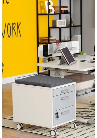 Creo Mobili Çekmeceli Kilitli Tekerlekli Vega Keson, Oturulabilir Ofis Ve Ev Komodini, Ekru/antrasit
