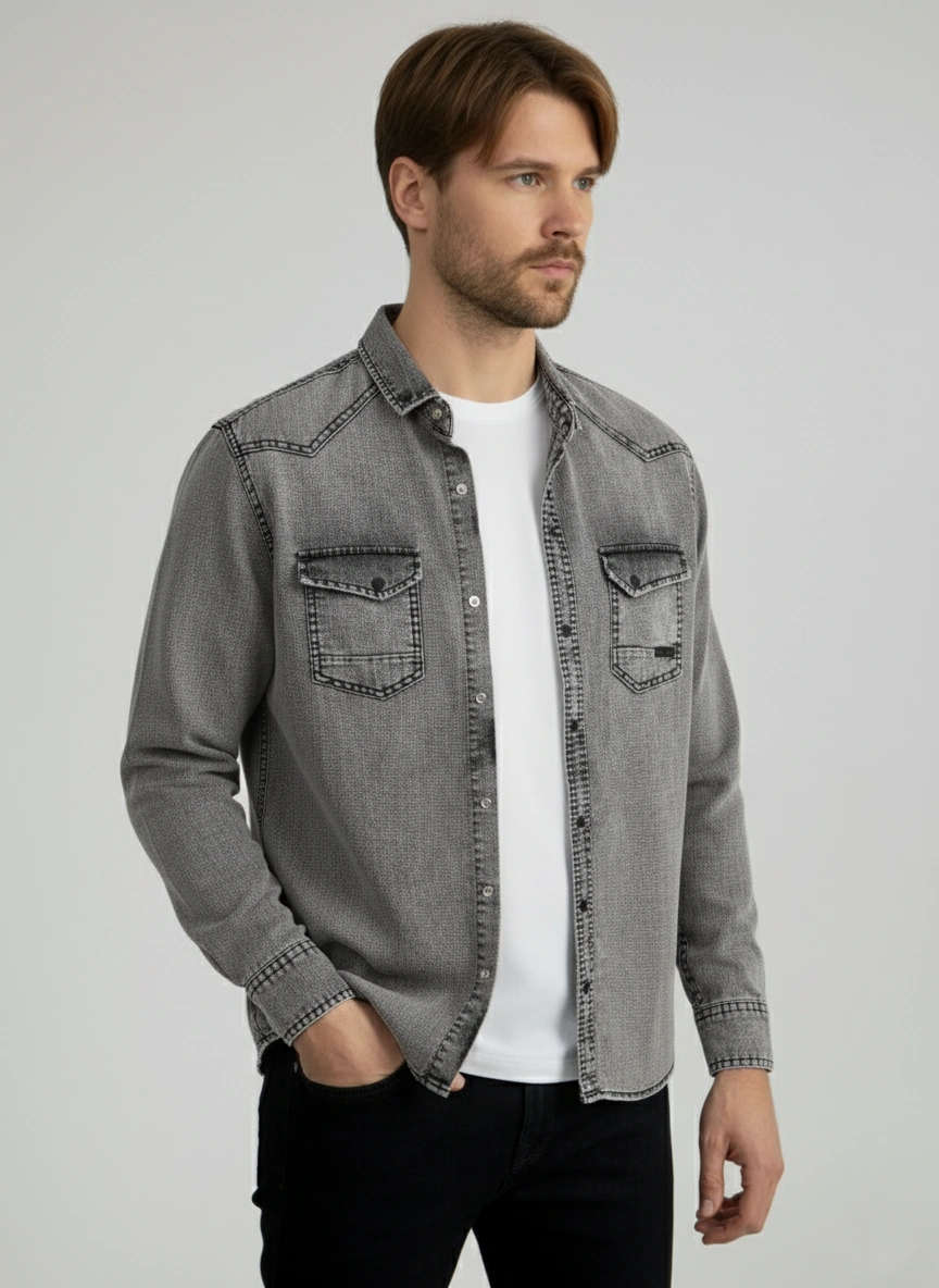 Erkek Gömlek Slim Fit Yıklamalı Kot Gömlek Gri