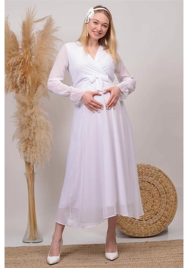 Kadın Beyaz Baby Shower Şifon Hamile Elbise Dphml003 BEYAZ