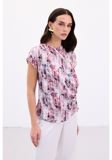 Sateen Pileli Kolsuz Bluz - Bordo-136864 Bordo