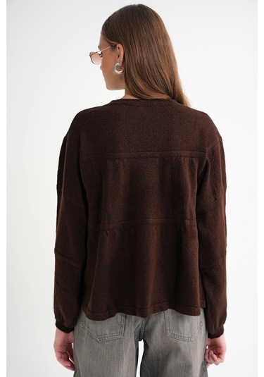 6950 Kadın Yakası Bağcıklı Pileli Triko Kazak Kahve Kahve