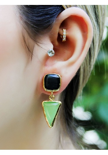 Kare Üçgen Modelli Kedigözü Cam Gold Kaplamalı Kadın Küpe Euku24sy Yeşil