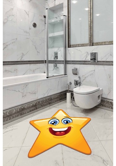 Sarı Smiley Banyo Halısı Klozet Yıldız Paspas Seti Bs306