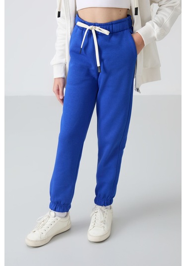 Tommy Life Gece Mavi Pamuklu İçi Tüylü Yumuşak Dokulu Standart Fit Nakışlı Kız Çocuk Eşofman Alt - 75158 Mavi