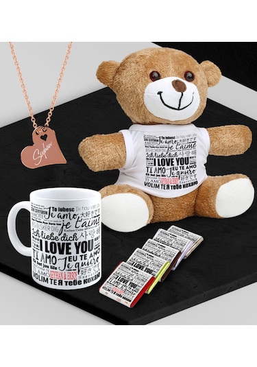 Kişiye Özel Sevgili Peluş Ayı Kupa Madlen Çikolata Ve Rose Kalp Kolye Set - 78
