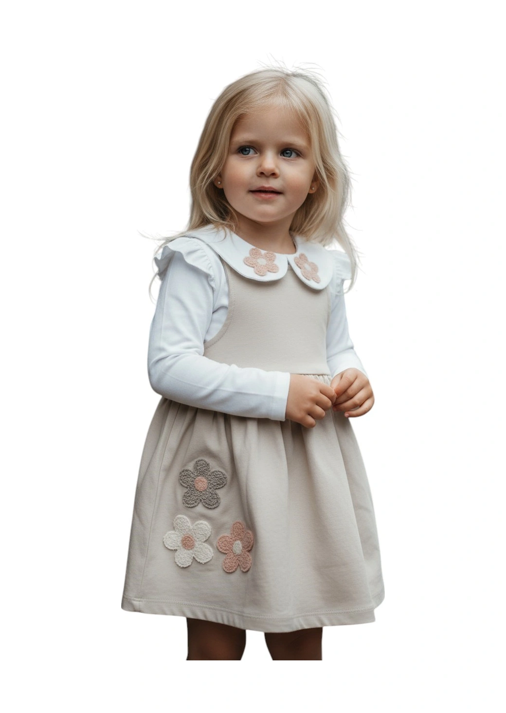 Çiçek Nakışlı Kız Çocuk Elbise Bej