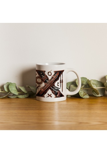 X Harfi Kovboy Temalı Bardak 330 Ml İsim / Harf Kişiye Özel Hediye - Vahşi Batı Konsept Beyaz