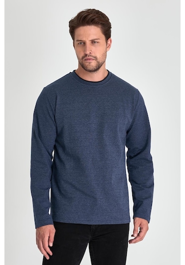 MMetalic Çift Bisiklet Yaka Standart Rahat Kesim Erkek Sweatshirt İndigo Mavi MMetalic Çift Bisiklet Yaka Standart Rahat Kesim Erkek Sweatshirt İndigo Mavi