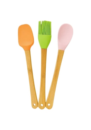 3'lü Renkli Bambu Saplı Silikon Spatula Seti Uzun 26cm Renkli