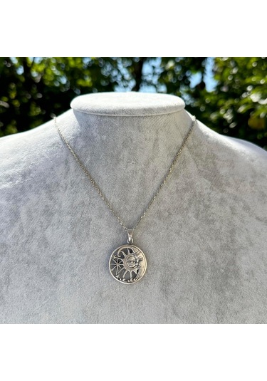 925 Ayar Gümüş Güneş Ve Ay Kolye - Göksel Kolye - El Yapımı Gümüş Takı Gümüş