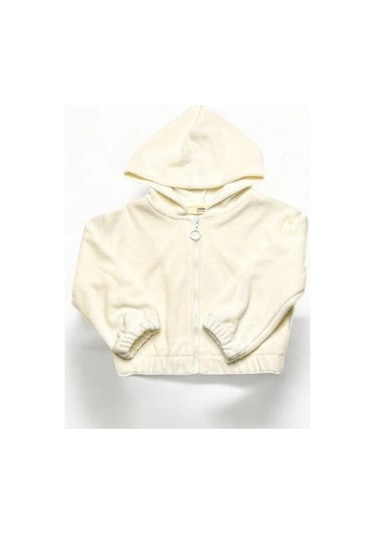 Kız Çocuk Kapüşonlu Peluş Hırka-14855 Ekru