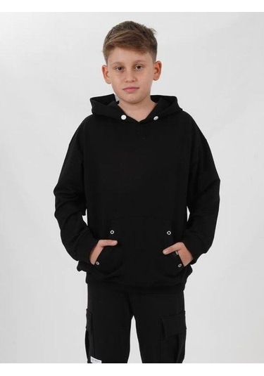 Çocuk Çıtçıt Detaylı Kapüşonlu Pamuklu Sweatshirt-14837 Siyah