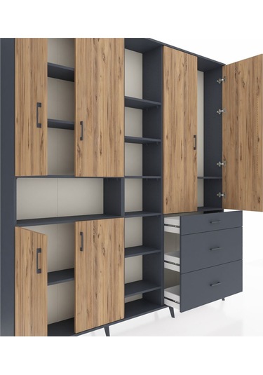Arges Dolap 13 Raflı 3 Çekmeceli 6 Kapaklı 220x30x243 Antrasit-çam/antrasit Atlas Çam/antrasıt