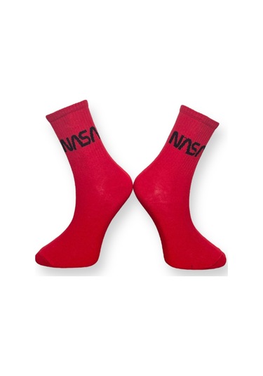 Me-vo Tekli Kırmızı Renkli Bay/bayan Unisex Esnek Nem Alabilen Pamuklu Nasa Desenli Soket Çorap Kırmızı