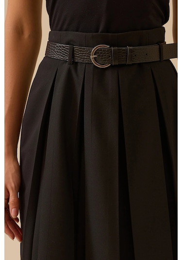 Seçil Kadın Kemerli Pile Detaylı Midi Etek 0003 Siyah Siyah