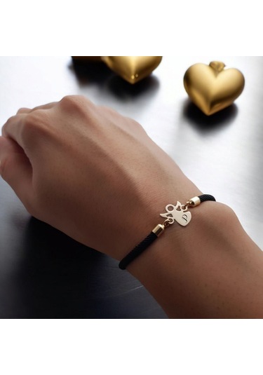 P Harfine Özel 14 Ayar Altın Plakalı Mevlana Motifli Örgü İpli Hediye Bileklik-319harf-siyah Altın