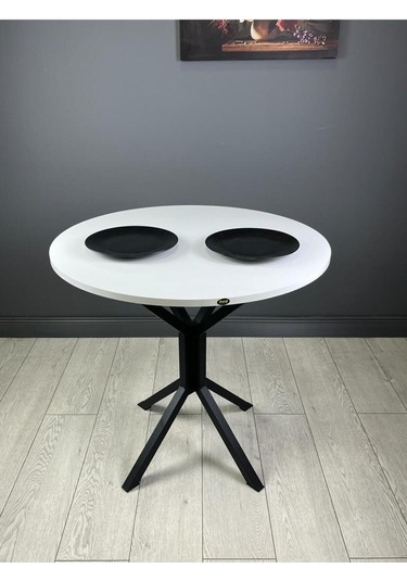 Saray Beyaz Siyah Yuvarlak Mutfak Masası Yemek Masa Balkon Masa Metal Siyah Ayak 80 Cm