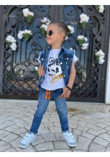 Uğur Böceği Çocuk Kurt Desenli Kot Yelekli Pantolon Tshirt Üçlü Erkek Takım 2-12 Yaş Mavi