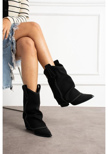 Shoetek Livinya Kadın Kovboy Bot Körüklü Siyah Süet Siyah Suet Siyah
