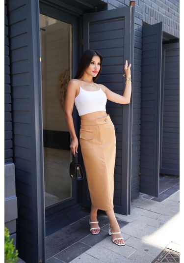 Uzun Düğmeli Etek Bej