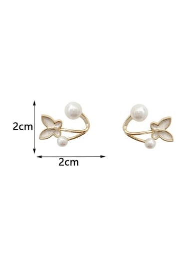 Zarif Ve Şık Kelebek Detaylı İnci Taşlı Altın Kaplama Antialerjik Çelik Küpe Altın