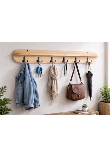 105 Cm 6 Kancalı Oval Kesim Ahsap Renk Duvara Monte Askılık Bal Meşe