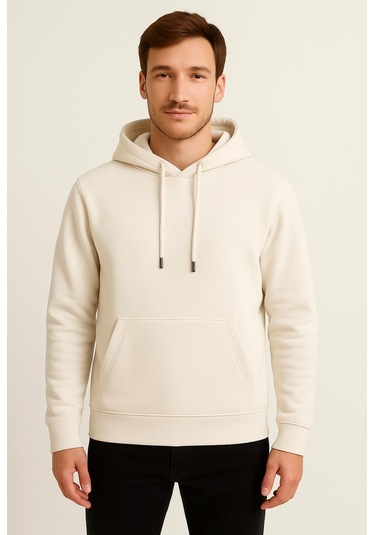 Axxel Erkek Krem Kapüşonlu Sweatshirt-w1108 Krem 3 İplik Şardonlu