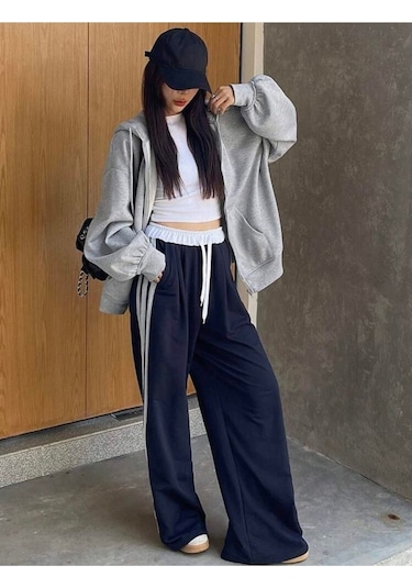 Harmandar Baskısız Kadın Gri Cepli Kapüşonlu Fermuarlı Sweatshirt Hırka Grihirka