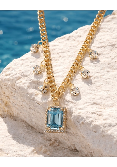 Baget Model Zirkon Taşlı Gold Turkuaz Renkli Çelik Kolye