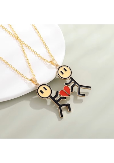 Mıknatıslı Çöp Adam Aşk Sevgili İkili Kolye Matal Çift 2 Adet Çok Renkli